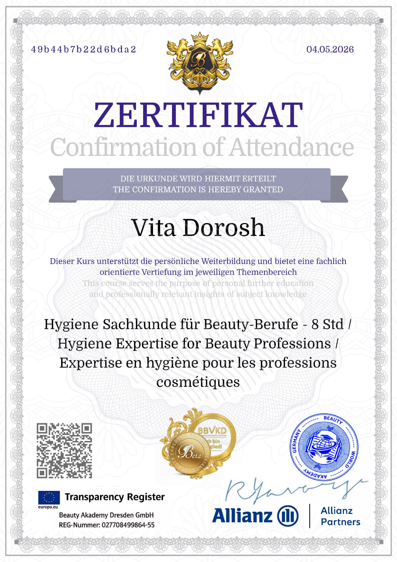 Zertifikat Hygiene Sachkunde für Beauty-Berufe