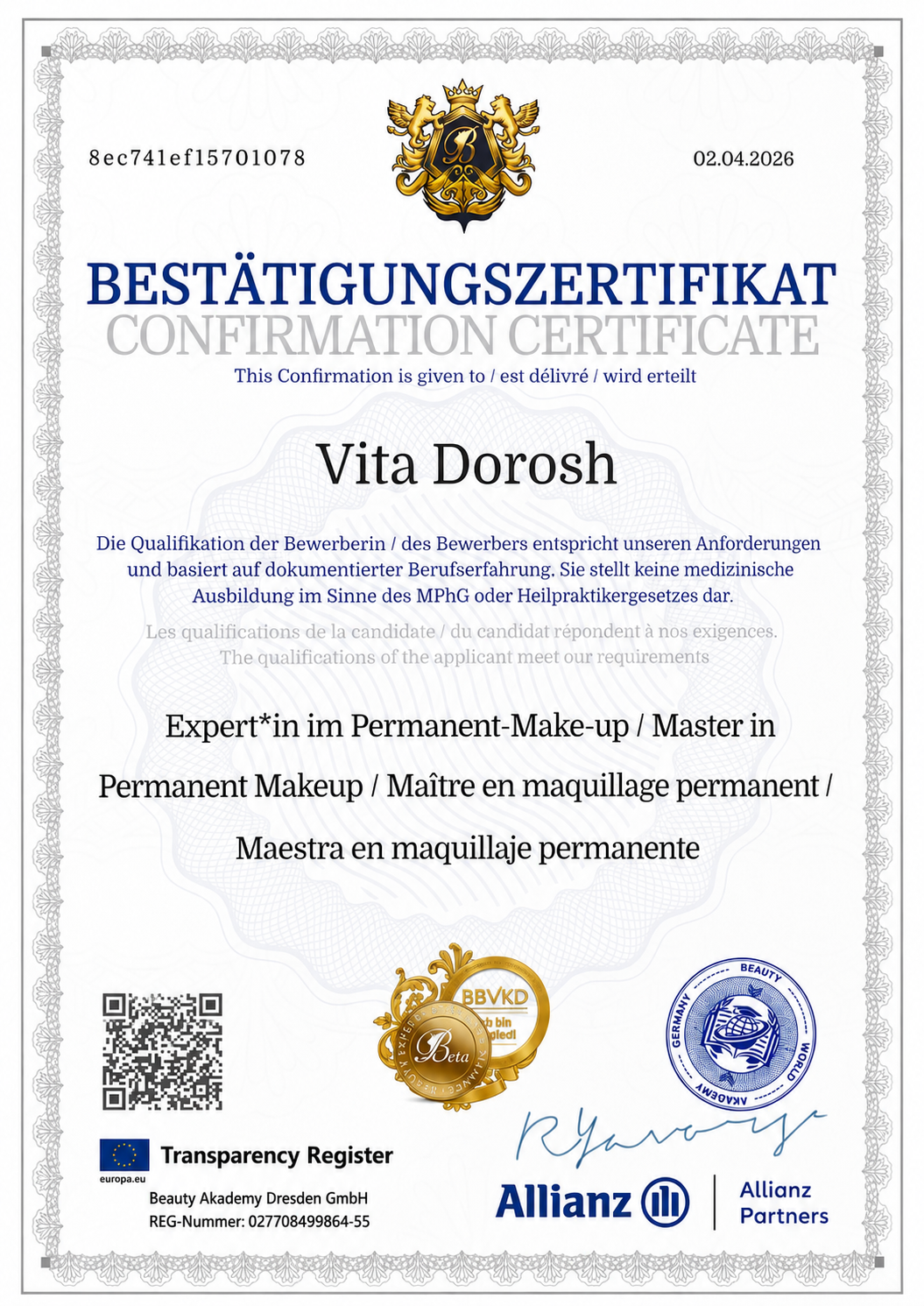 Zertifikat Expertin im Permanent-Make-up von Vita Dorosh